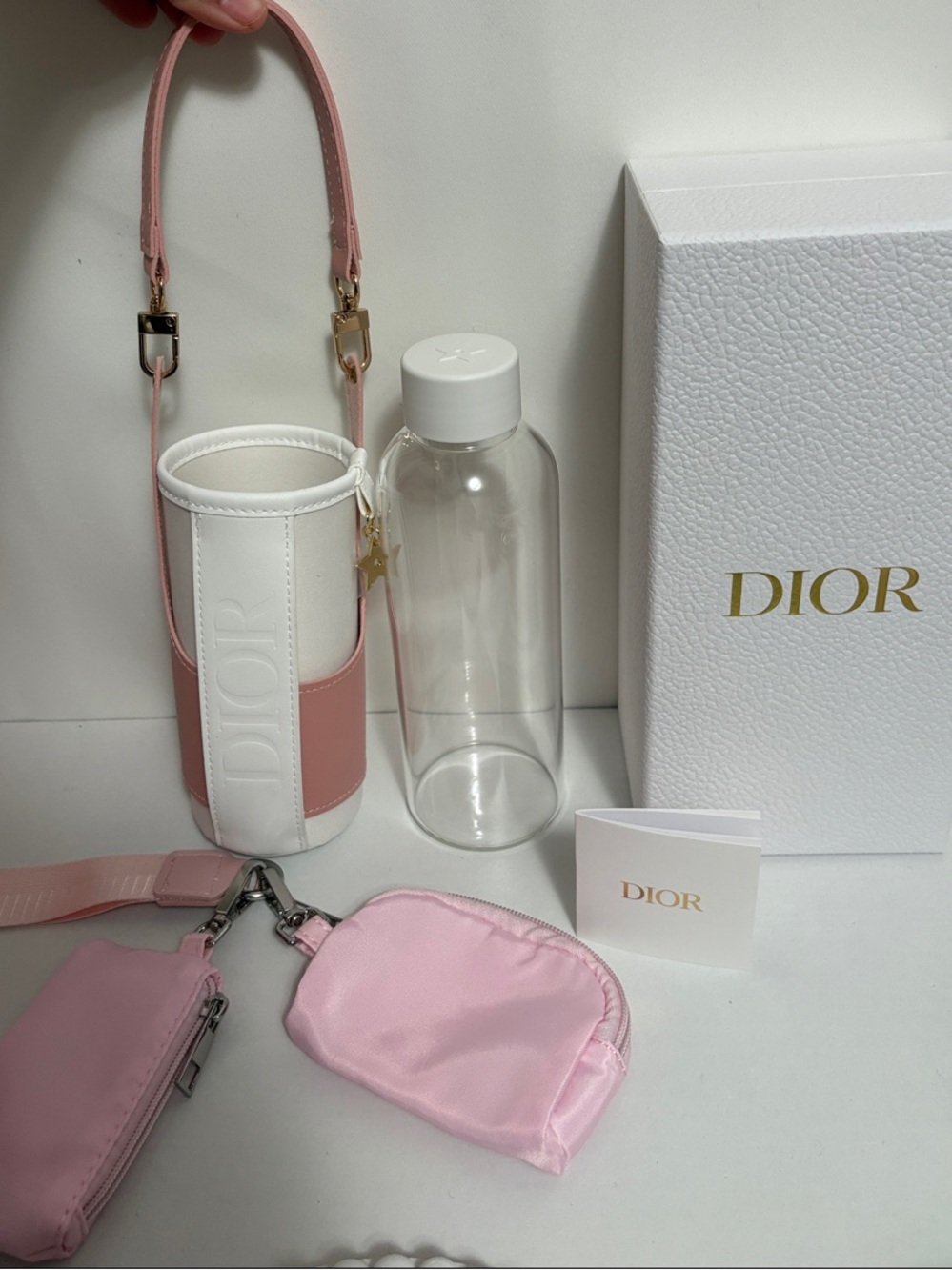 Dior Pink and White Bottle Carrier with Matching Pouches-Limited edition
